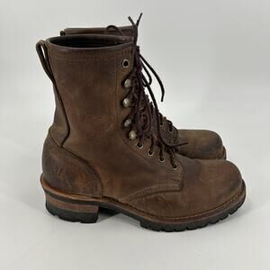 Vintage Frye Leather Logger Boots Mens 7 Womens 8.5 Vibram Brown Handmade USA